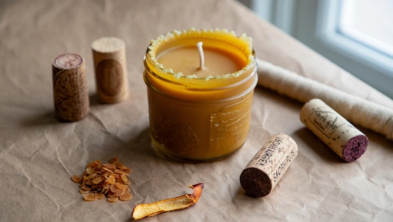 Eco-friendly diy advent candle in a recycled glass jar with natural wax, surrounded by wine corks and dried orange peel for upcycled decor.
