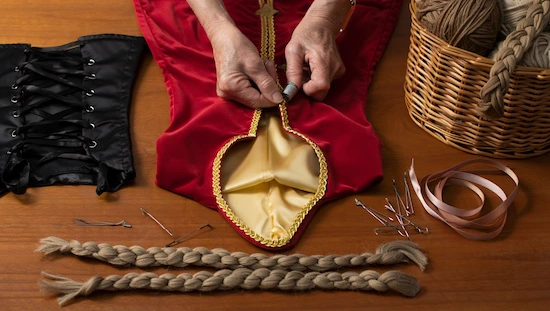 Hands crafting cape and braids for a diy anna frozen costume, with black bodice, yarn, ribbons, and sewing supplies on a table.
