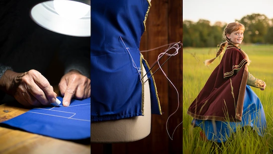 Sewing, pattern tracing, and a girl wearing her finished anna frozen costume diy, showing the full process from start to magical finish.
