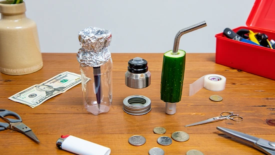 DIY bong ideas featuring a plastic bottle bong with foil and a cucumber bong, surrounded by affordable household items.

