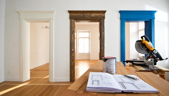 Three unique diy door trim styles—white, rustic wood, and bold blue—showcase creative design ideas in a bright, modern home.