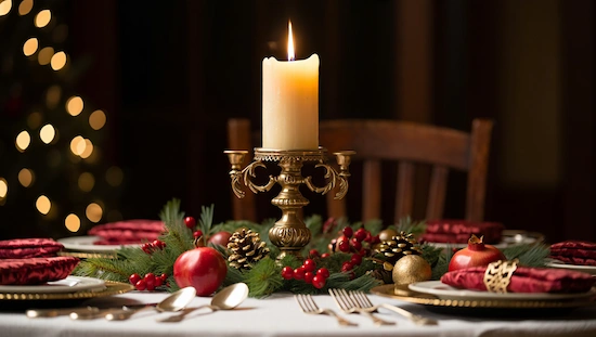 Elegant diy advent candle centerpiece in gold holder, adorned with festive greenery, berries, pinecones, and holiday ornaments.