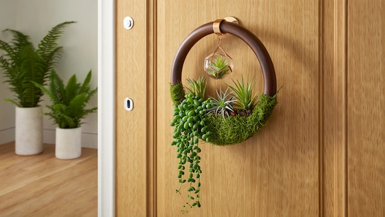 Plant-inspired door hanger diy featuring succulents, green moss, air plants, and a mini glass terrarium on a wooden ring.

