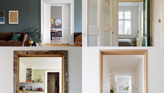 Collage of four rooms, each with unique diy door trim molding styles—classic white, rustic wood, colorful, and minimalist modern trim.