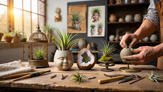 Unique & creative air plant holders DIY: clay face pot, geode planter, moss gear stand, and vintage birdcage in a craftsman’s studio.