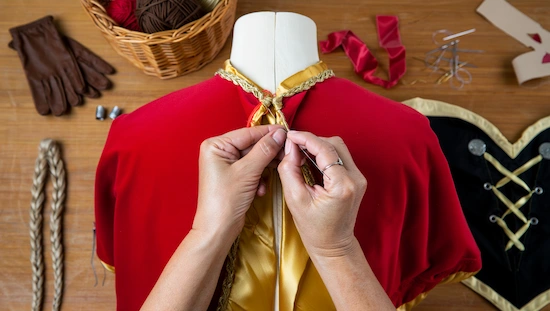 Sewing gold trim on a red cape for a diy anna frozen costume, with braids, gloves, yarn, and accessories arranged on a table.