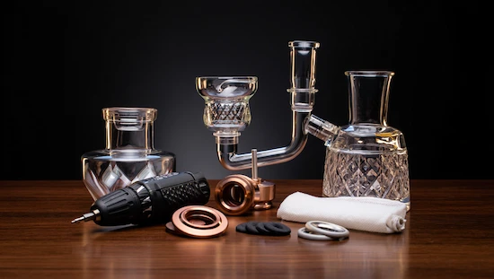 Premium DIY bong kit with crystal glass parts, metal fittings, drill, and washers—perfect for custom, high-end smoking setups.