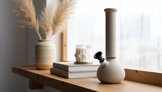 DIY bong ideas with a sleek, modern ceramic bong placed on a wooden shelf beside minimalist decor and books.

