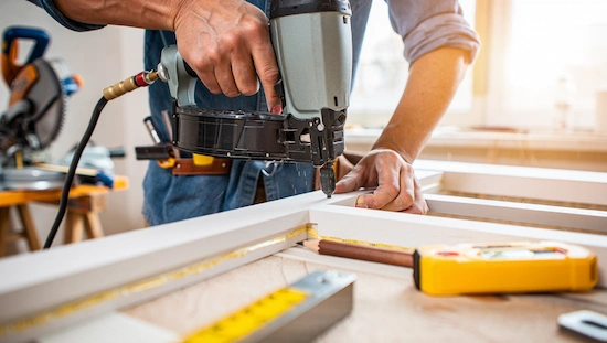 Hands using a nail gun to install diy door trim, with precise tools and measurements for a clean, professional home finish.

