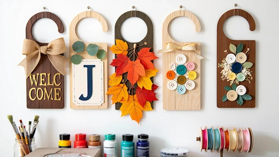 Personalized diy door hanger designs with bows, monograms, buttons, leaves, and custom paint, showcasing creative craft possibilities.