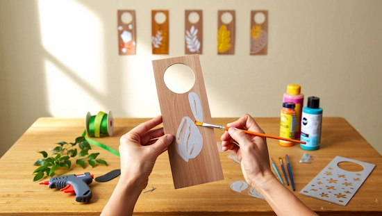 Hands painting a wooden door hanger diy with brushes and stencils, surrounded by ribbons, greenery, and craft tools.

