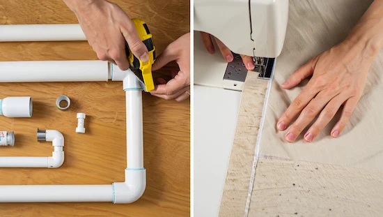 Hands building a diy awning for window by measuring and assembling PVC frame and sewing canvas fabric for the window covering.