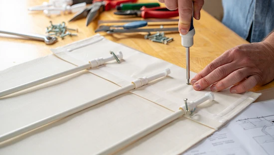 DIY Awning Ideas assembly with rods inserted into sewn pockets, eye screws being added, hands attaching hardware on a fabric shade project.