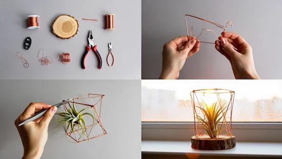 Step-by-step diy air plant holders tutorial showing copper wire, tools, hands shaping wire, and a finished geometric plant holder.