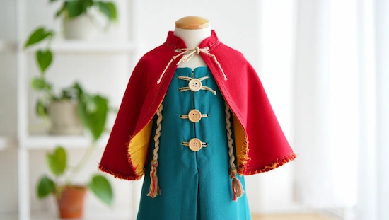 A diy anna frozen costume on a mannequin, showing eco-friendly fabric, braided accents, and comfy, authentic design details.