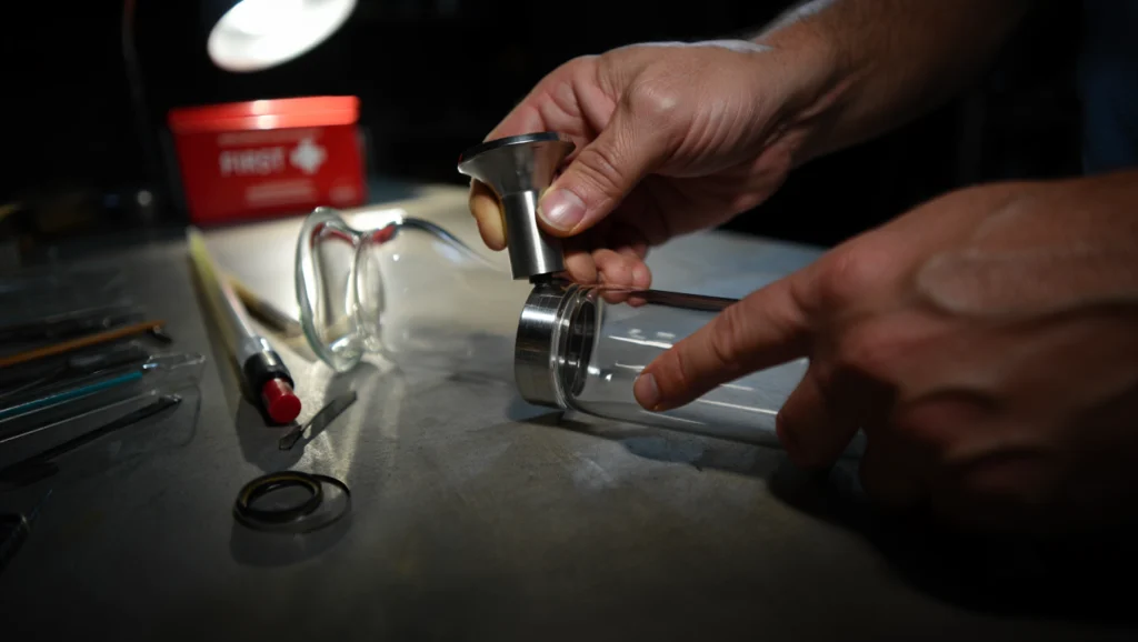 Hands assembling a glass bong with tools, highlighting diy bong ideas, safety tips, and tricks for safe homemade bong crafting.