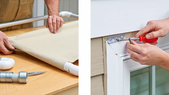Hands assembling diy awning by sliding canvas onto PVC frame and mounting metal bracket with screws above a window, step-by-step