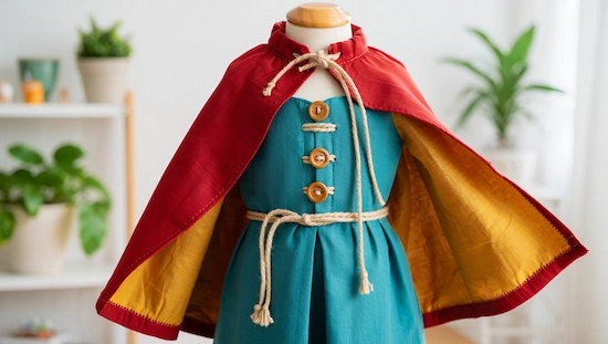 Mannequin displays a diy anna frozen costume with a red cape, wood buttons, and rope belt for an authentic, comfortable, eco-friendly look.